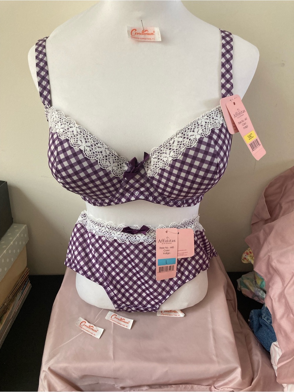 Affinitas Purple 441 Gingham padded Lace Trim Bra 38C Large panty New 445